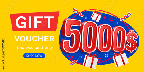 Gift voucher 5000 dollar, Check and gift box. Sale banner and poster. Vector illustration