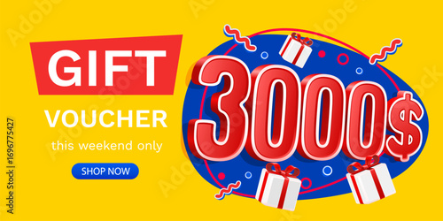 Gift voucher 3000 dollar, Check and gift box. Sale banner and poster. Vector illustration