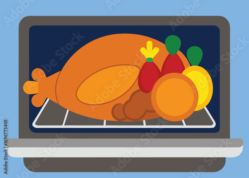 Deliciously roasted golden brown turkey with colorful vegetables resting on an oven rack ready for serving