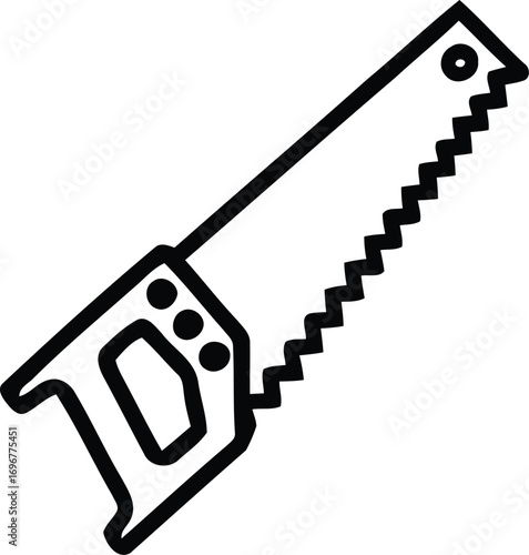 Black outline icon of a hand saw for construction and building projects. A simple vector symbol for woodwork, carpentry, and manual labor