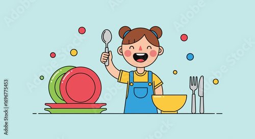 Joyful Child Preparing Table With Plates Spoon And Utensils For Mealtime Celebration