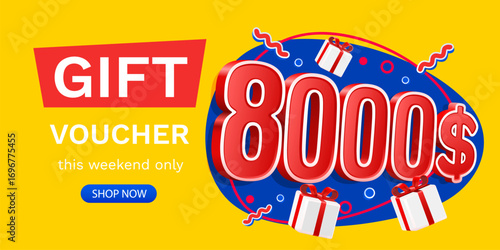 Gift voucher 8000 dollar, Check and gift box. Sale banner and poster. Vector illustration