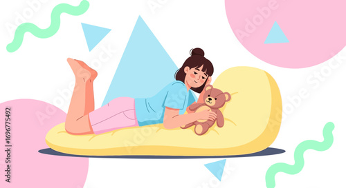 Girl Resting On A Sofa With A Plush Toy, Gentle And Relaxed Position