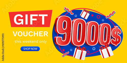 Gift voucher 9000 dollar, Check and gift box. Sale banner and poster. Vector illustration