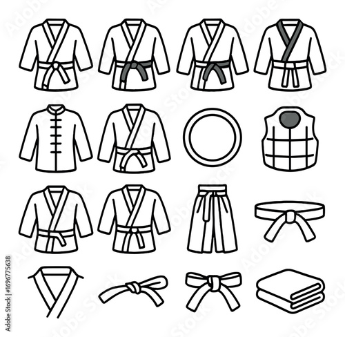 Martial arts gear collection: uniforms, belts, and protective wear icons