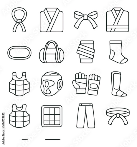 Martial arts equipment icons set: gi, belt, gloves, and protective gear