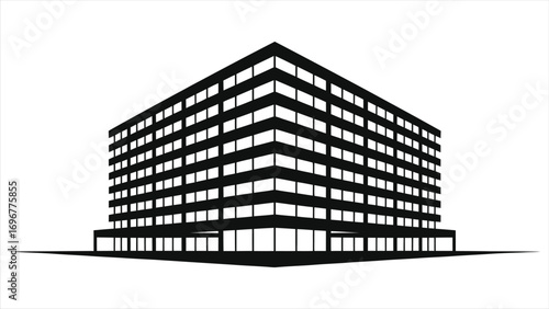 Black and white silhouette of a modern, cube-shaped office building with multiple floors. A minimalist vector illustration ideal for architectural and corporate themes.