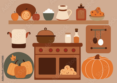 Charming cozy watercolor kitchen decor featuring autumn pumpkins and rustic stove for seasonal vibes
