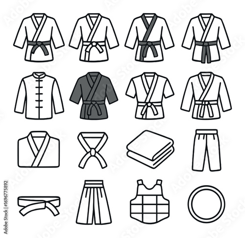 Martial arts clothing and gear icons: gi, belt, pants, vest, ring