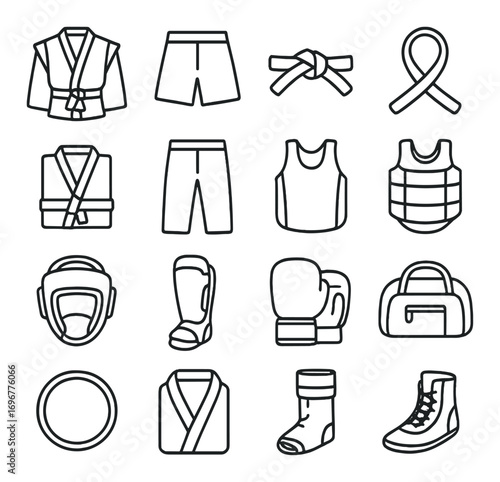 Martial arts equipment icons on grey background