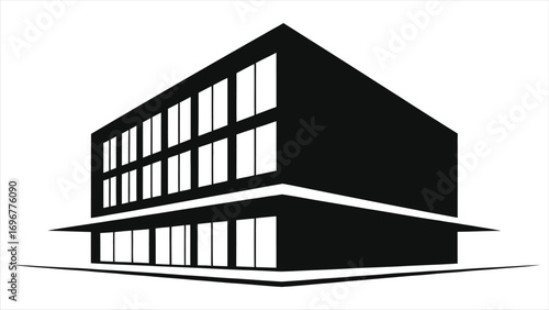 Vector silhouette of a modern cube-shaped hotel or office building. Minimalist architectural icon for real estate, corporate branding, or construction logo design. Black and white graphic illustration