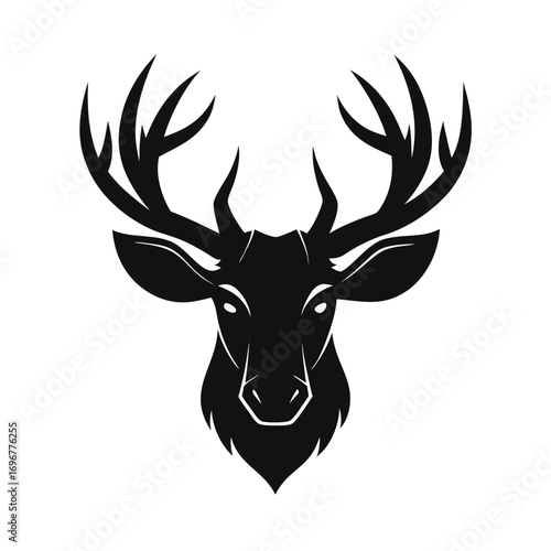 Frontal Silhouette of a Deer Head with Large Antlers on White stag animal