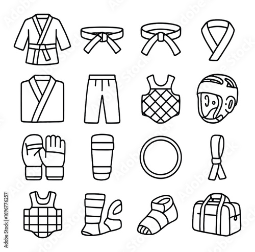Martial arts gear icons set: kimono, belt, gloves, helmet, protective wear