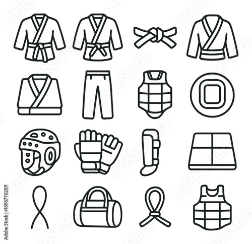 Martial arts equipment icons: gi, belt, protective gear, and training mats
