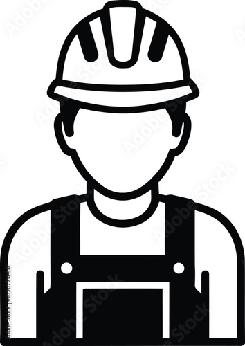 Simple vector icon of a construction worker in a hard hat. Black and white graphic illustration representing a builder or industrial laborer