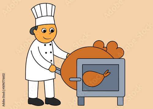 Chef with chef hat and apron preparing a rotisserie turkey or chicken in a kitchen oven for a feast