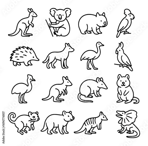 Cute australian wildlife outline: kangaroo, koala, wombat, cockatoo, platypus, echidna, dingo, wallaby