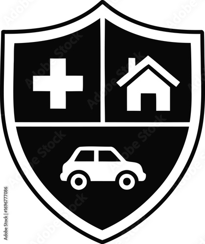 A vector graphic icon of a protection shield representing comprehensive insurance for health, home, and auto. A finance and security symbol