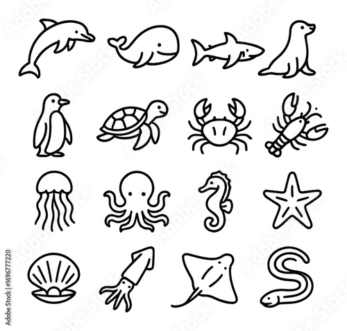 Set of marine animal icons featuring whales, sharks, and crustaceans