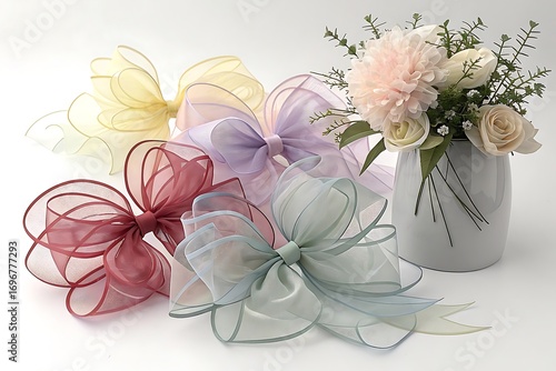 Soft pastel organza bows and delicate floral arrangement in a vase