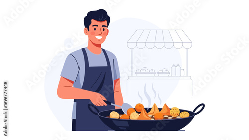 Street Food Chef at Work: A smiling chef, in an apron, deftly handles food on a hot pan at his bustling street food stall.