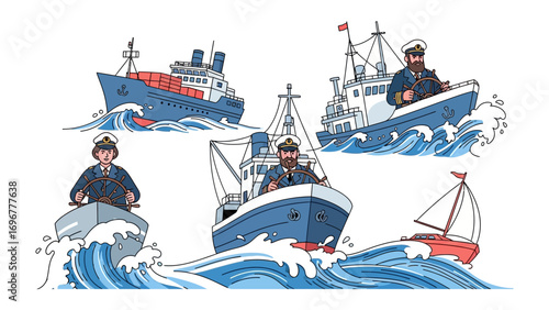 Sailors on the Sea: A diverse collection of boats sail the ocean waves, navigating with precision, showcasing the essential role of sailors in exploration and transport. 