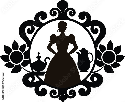 Elegant victorian woman silhouette with teaware and floral accents ornate frame