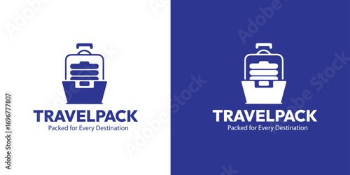 A clean and modern logo featuring a stylized backpack icon and the text TravelPack, presented in two color variations.