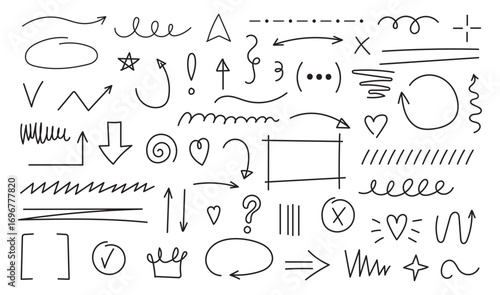 Line marker hand drawn brush arrow element set. Sketch pencil stroke vector graphic pen underline scribble icon. Hand drawn line heart, crown, star symbol highlight marker shape. Vector illustratPrint