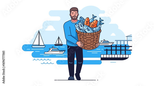 Fisherman's Bounty: A robust fisherman, his beard a testament to the sea, proudly presents his day's catch – a brimming basket of fresh fish, against a backdrop of sailboats, yachts.