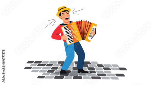 Accordion Serenade: A cheerful musician in a straw hat, filled with delight, plays a vibrant accordion, bringing life to the vibrant music, capturing the essence of folk tradition and happiness.