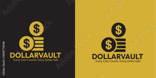 A modern and elegant logo for Dollar Vault, showcasing stacked gold coins with dollar signs, presented on both black and gold backgrounds.