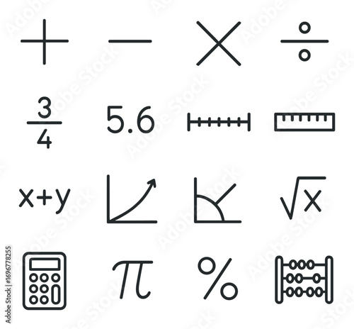 Mathematical symbols and tools on grey background