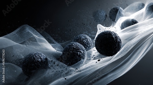 Dark Spheres Floating on a Translucent Veil.