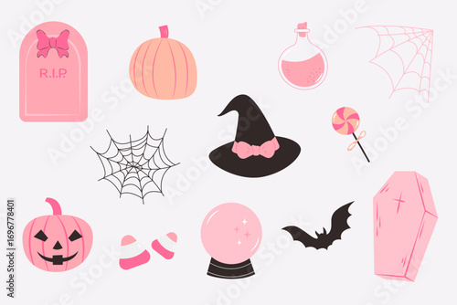 Pink set of Halloween elements. A trendy coquette style. Vector illustration