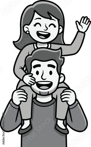 Happy father carrying his smiling daughter on shoulders cartoon vector illustration, perfect for family, parenting, love, bonding, and Father's Day content.