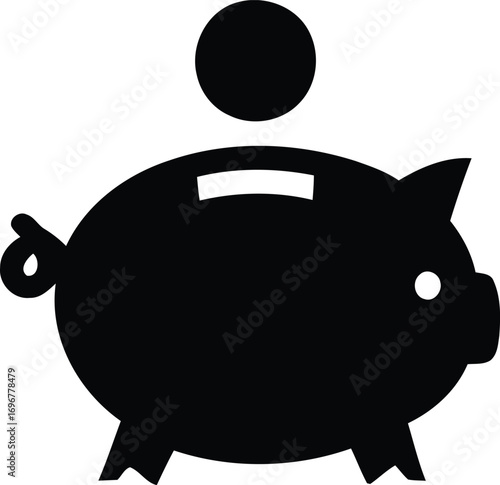 Black piggy bank silhouette icon with a coin, symbolizing savings, personal finance, and investment