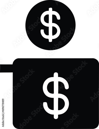 Financial vector icon depicting a dollar coin being saved in a wallet, a simple glyph for business and economy concepts