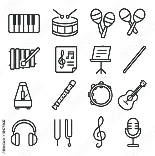 Outline icons of musical instruments and accessories on gray background