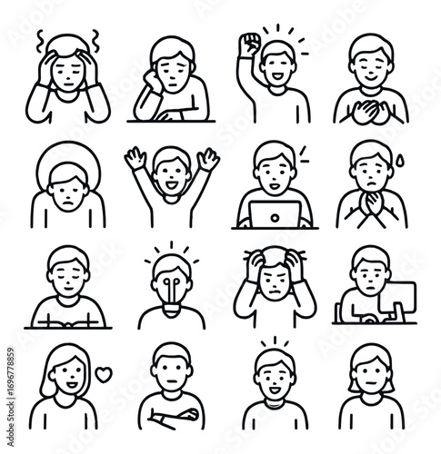 Collection of emotion icons depicting various human expressions in monochrome