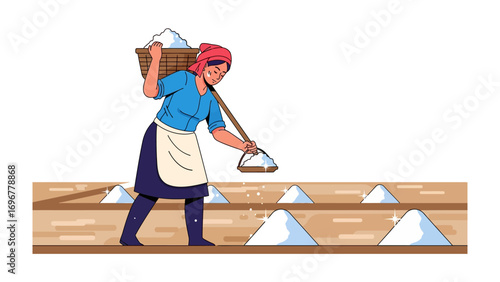 Salt Harvester: A woman in a red headscarf works diligently in a field, expertly gathering pristine salt crystals from a vast expanse, her labor a testament to dedication and tradition.