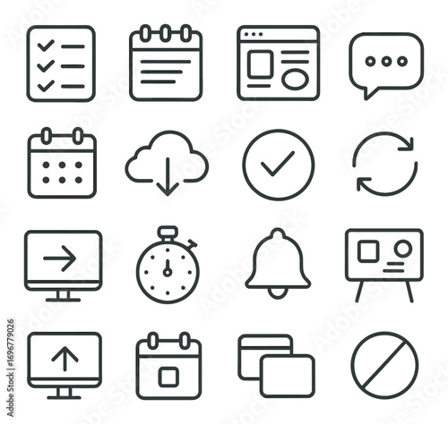 Minimalist monochrome icons for task management and communication