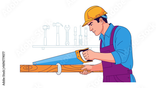 Craftsman at Work: A dedicated artisan, meticulously uses a saw to shape the wooden plank, expertly blending craftsmanship with precision and a timeless artistry.