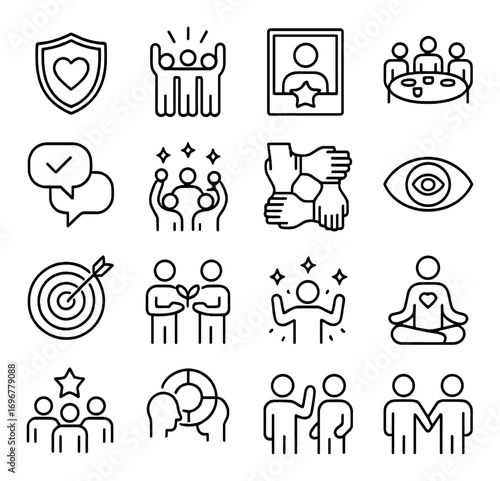 Set of 16 icons depicting teamwork, communication, and well-being concepts