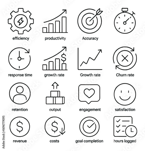 Business metrics icons collection: efficiency, growth, retention, revenue, engagement