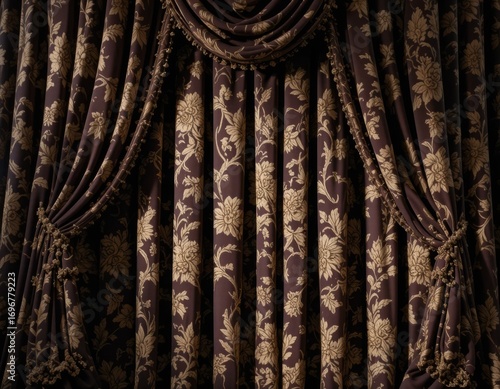 Rich damask curtains with ornate gold floral pattern and elegant draping