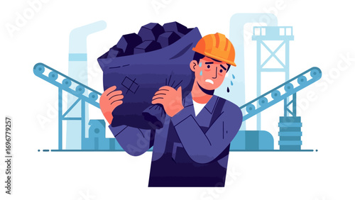 Industrial Labor: A diligent laborer bears a heavy load, his brow glistening with sweat, representing the strain of industrial labor and dedication to one's job.