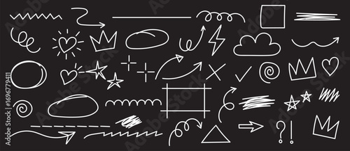 Chalk and crayon scribbles, pencil brush strokes, marker checks, swirls, and playful doodles. Hand drawn arrows, lines, and sketch marks. Creative doodle elements. Vector collection