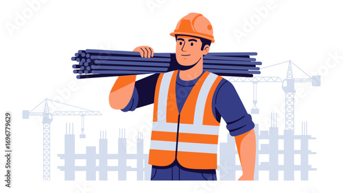 Construction worker with metal bars: A determined construction worker strides confidently across the construction site, carrying a bundle of metal bars, representing hard work and progress