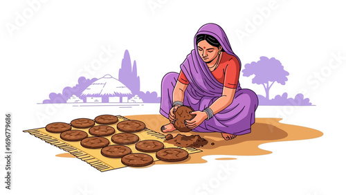 Woman Crafting Traditional Cakes: A dedicated woman, engrossed in her craft, carefully shapes traditional cakes under the open sky, showcasing cultural practices and rural livelihoods.